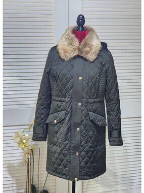 Michael Kors Women's Green Quilted Coat Jacket With Faux Fur Collar M 2755
